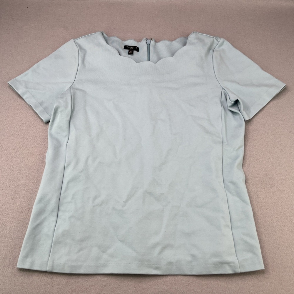 Talbots Blouse Size M Petite Top Casual Teal Short Sleeve Scalloped Neck Line